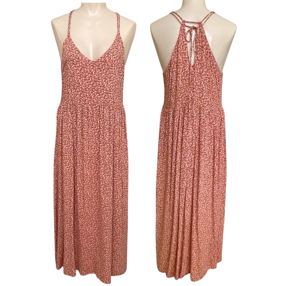 Mystree Pink Brown Floral Print Spaghetti Strap Back Tie V-Neckline Maxi Dress